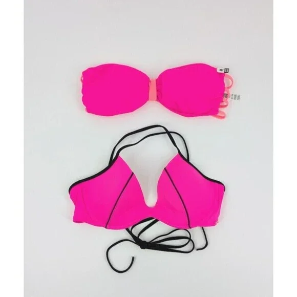 2 Victoria's Secret Pink Bikini Top Women Medium Hot Pink Strappy Swimsuit Beach - Picture 1 of 16